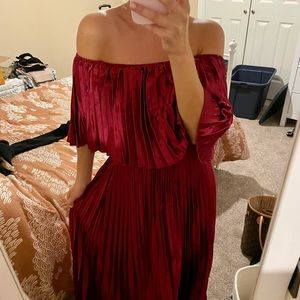 Maroon Off The Shoulder Pleated Dress
